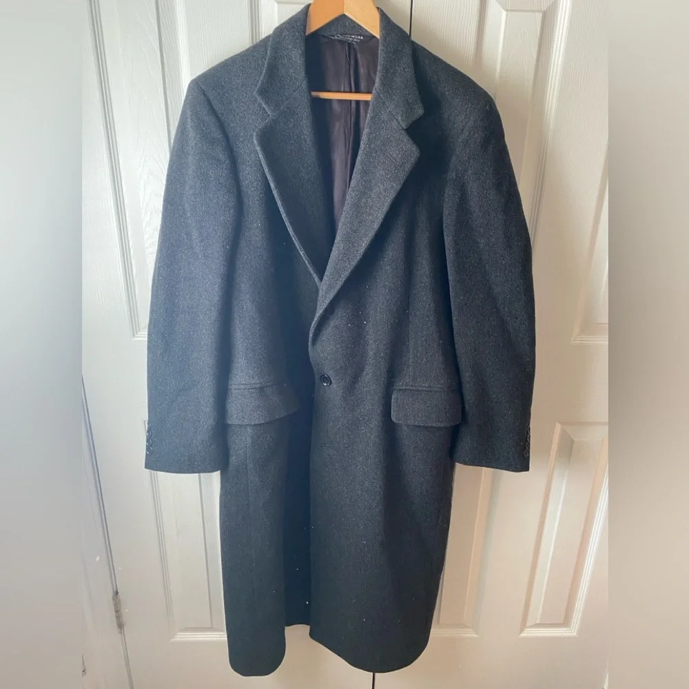 VINTAGE Christian Dior Charcoal‎ Heather Pure New Wool Trench Coat Overcoat L